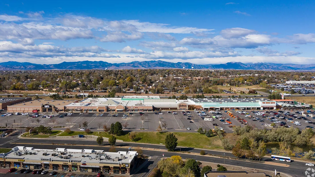 Shopping center and the Front Range near Thornton