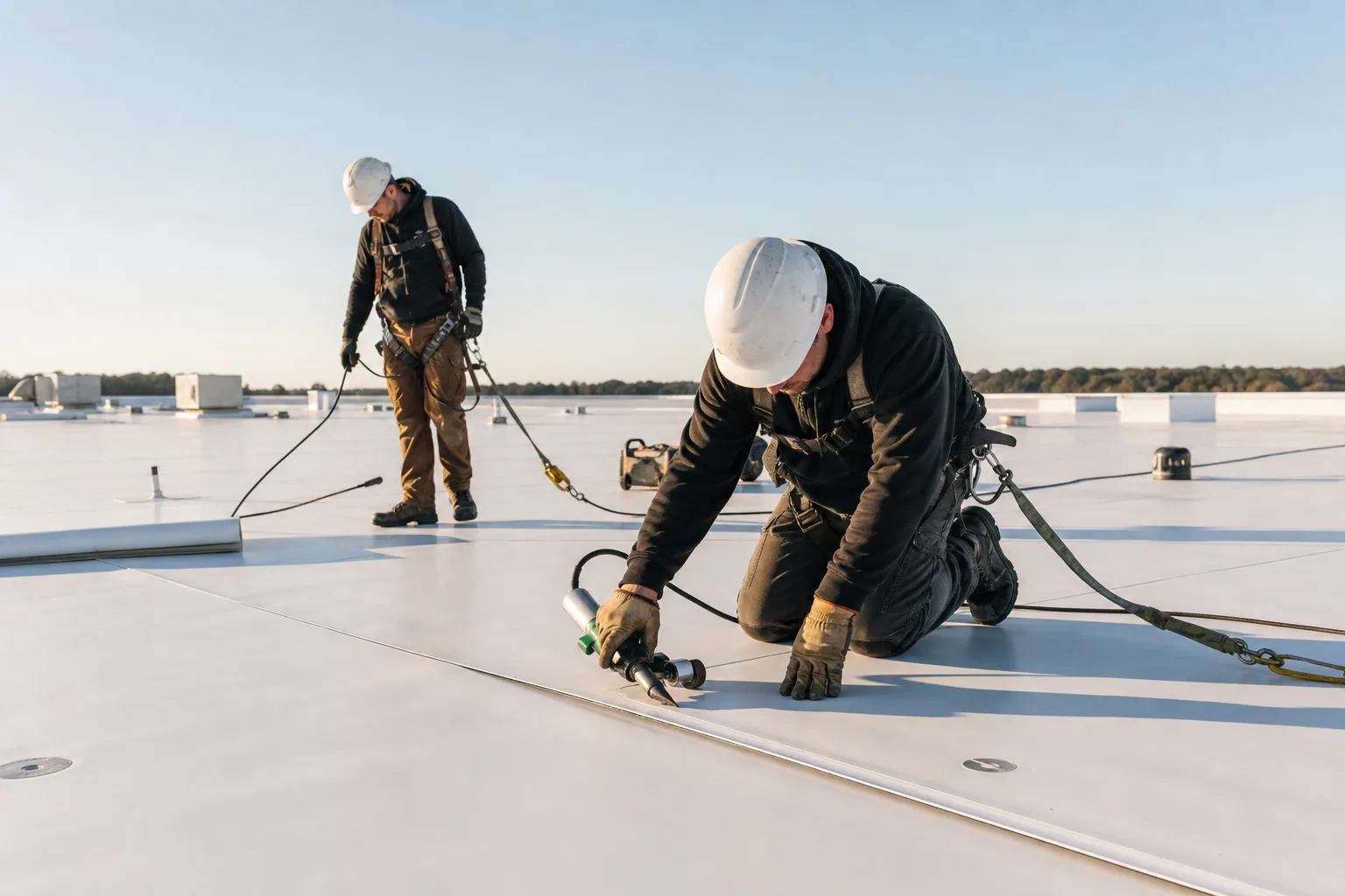 Crew installing a white membrane roof